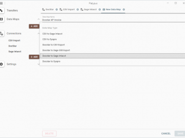 Create Your Data Map: Now that data connections have been set, now map your input and output parameters. So in our example a Docstar AP invoice approval workflow step will be the source/input and the data will be transformed and output to an AP Bill within Sage Intacct.