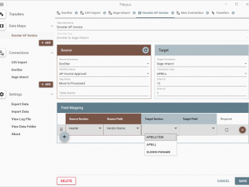 Map Parameters: Now select the Docstar Content Type field that will be mapped to the Sage Intacct APBill fields. Using a CSV file will provide the source field using the header.