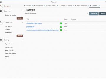 Transfers: Select Validate which allows users to see what items are in the CSV or Docstar workflow step that can be exported to the destination source in this case Sage Intacct. By selecting the Send will execute the output.